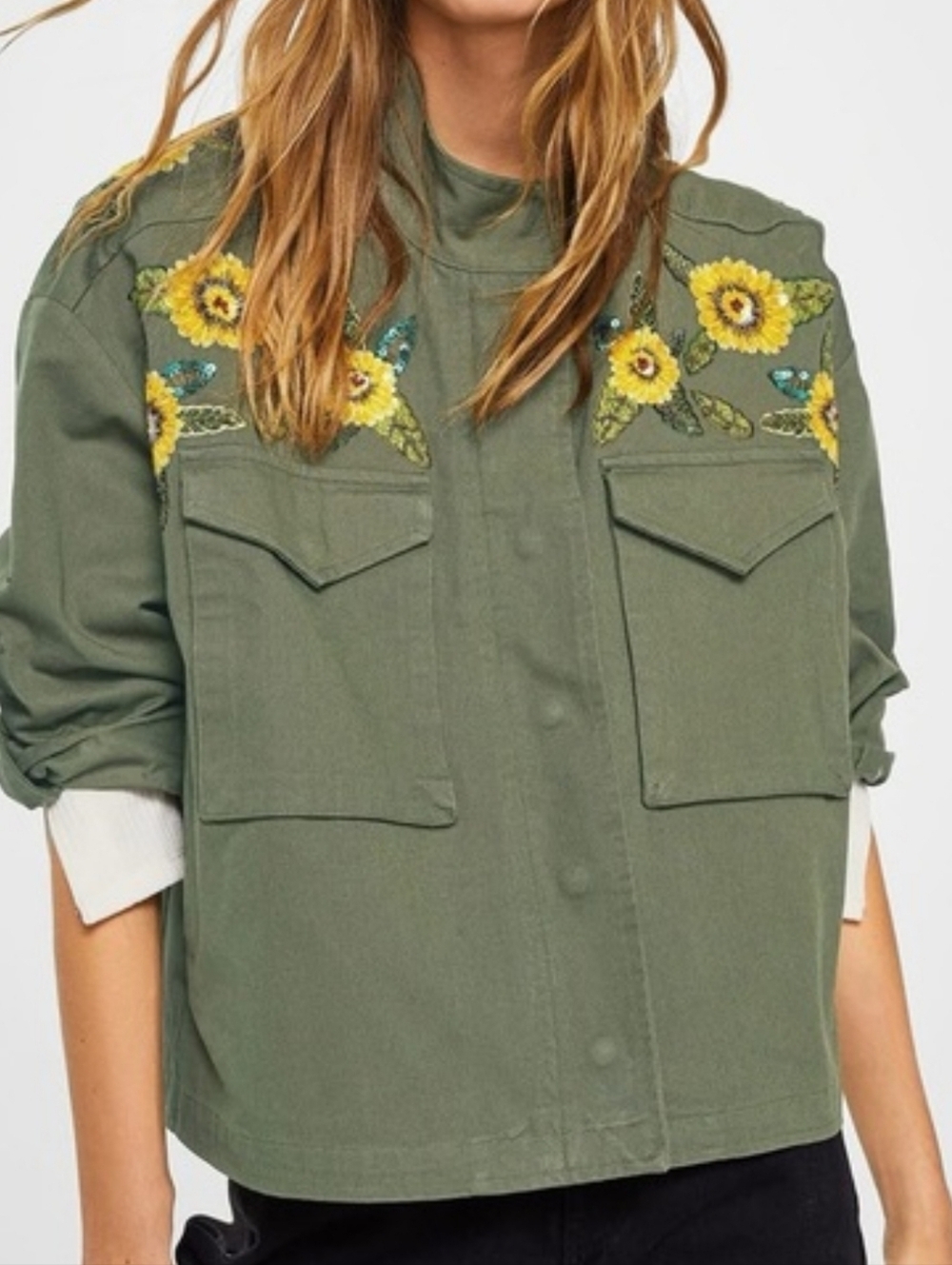 Mango Embroidered Utility Jacket Olive Floral Military Boho S